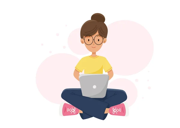 Menina Com Computador Educação Online Casa Menina Com Laptop Freelancer —  Vetores de Stock