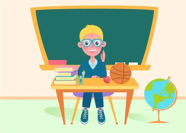 Ragazzo della scuola in classe con una lavagna, concetto di ritorno a scuola, personaggi carini. Illustrazione vettoriale in stile piatto — Vettoriale Stock