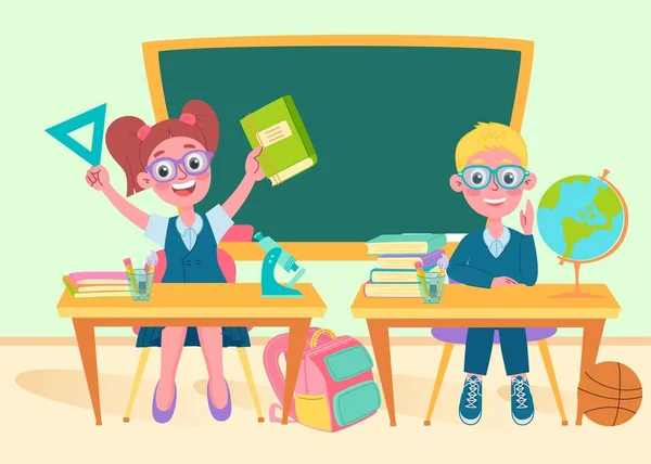 Bambini della scuola in classe con una lavagna, concetto di ritorno a scuola, personaggi carini. Illustrazione vettoriale in stile piatto — Vettoriale Stock