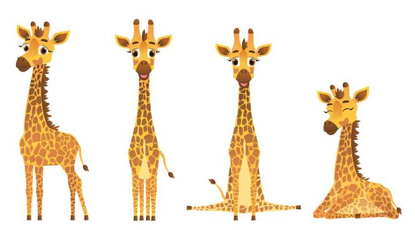 Set of giraffes in different poses, standing, sitting, sleeping. Vector illustration for designs, prints and patterns. Isolated on white background