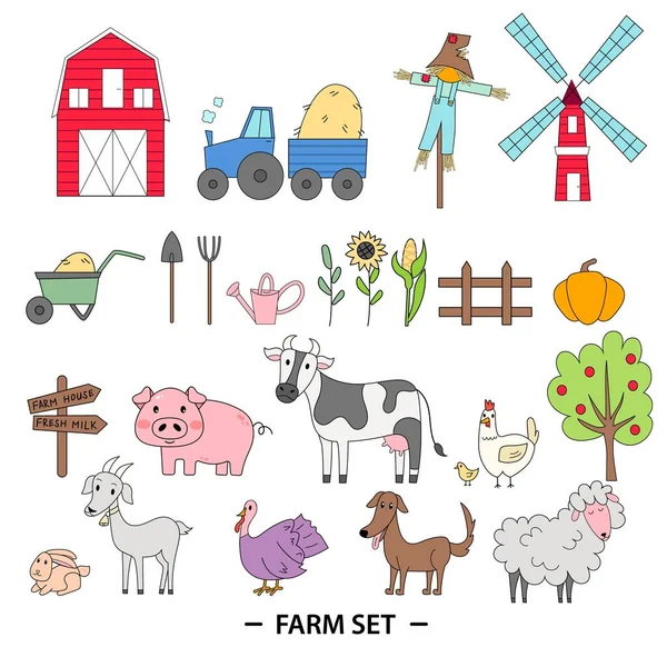 Farmers Set Vector Icon Set Farm Rural Buildings Animals Vegetables — Image vectorielle