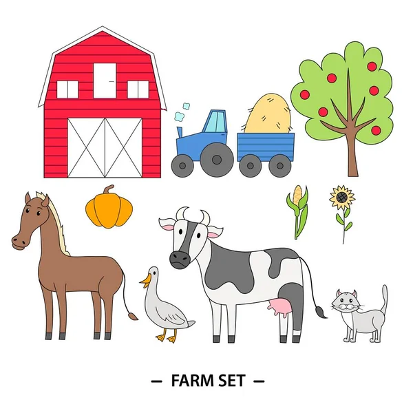 Farmers Set Vector Icon Set Farm Rural Buildings Animals Vegetables — Vettoriale Stock