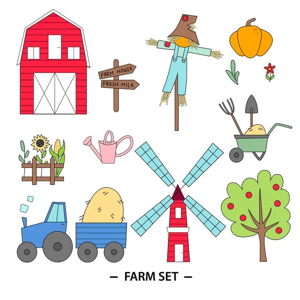 Farmers Set Vector Icon Set Farm Rural Buildings Animals Vegetables — Vettoriale Stock