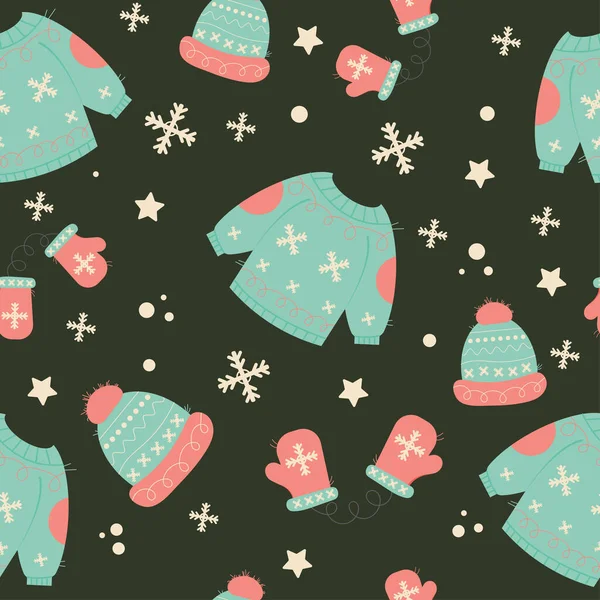 Seamless Christmas Pattern Sweater Hat Mittens Stars Snowflakes Modern Abstract — Stockvektor