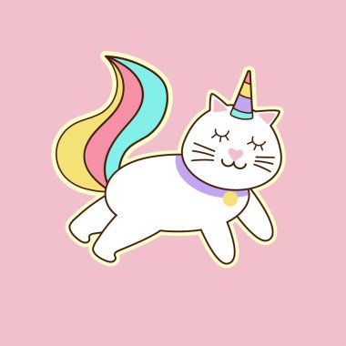 Gökkuşağı mısırlı sevimli, uyuyan kedi. Simge vektör illüstrasyonu. Çocuk kitapları ve tebrik kartları için tasarım.