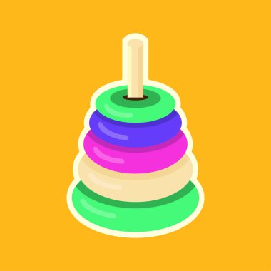 İnşaat ve eğitim için çok renkli halkalardan yapılmış çocuk piramidi. Çocuk oyuncağı ikonu. Sarı arkaplanda izole edilmiş vektör illüstrasyonu