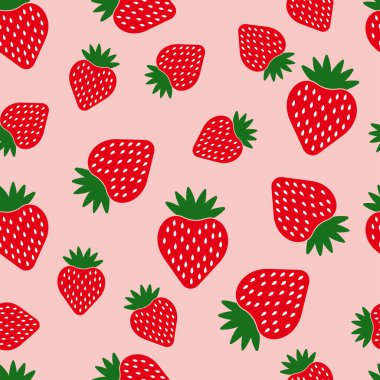 Pembe arka planda tipografi, tekstil ya da ambalaj tasarımı için çilek aromalı, dikişsiz desen. Vektör illüstrasyonu