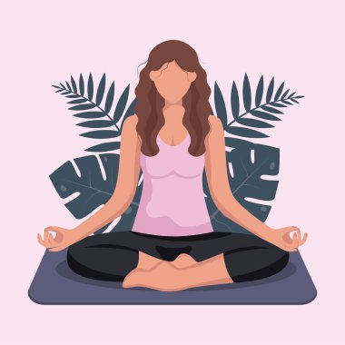 Lotus pozisyonunda bir kadın. Sağlıklı yaşam tarzı, meditasyon, yoga, rahatlama konsepti. Vektör çizimi. Arka planda canavar ve palmiye yaprakları