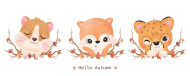 cute cartoon animals, hello autumn illustration 