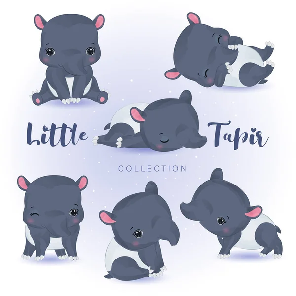 Adorabile Baby Tapir Clipart Set Acquerello — Vettoriale Stock