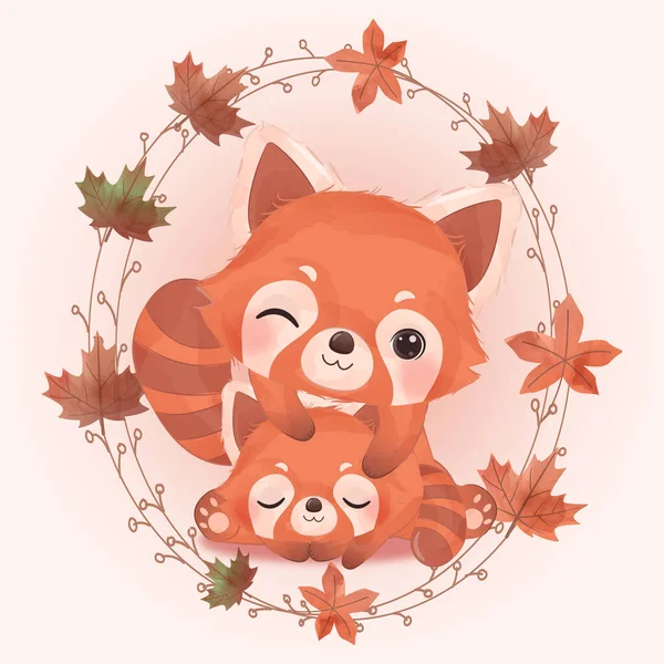 Cute Mom Baby Red Panda Watercolor Illustration — Stock Vector