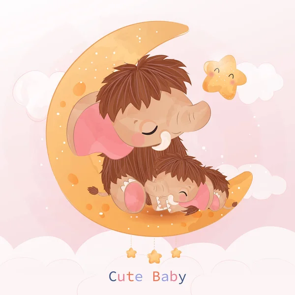 Cute Mom Baby Mammoth Watercolor Illustration — Vettoriale Stock