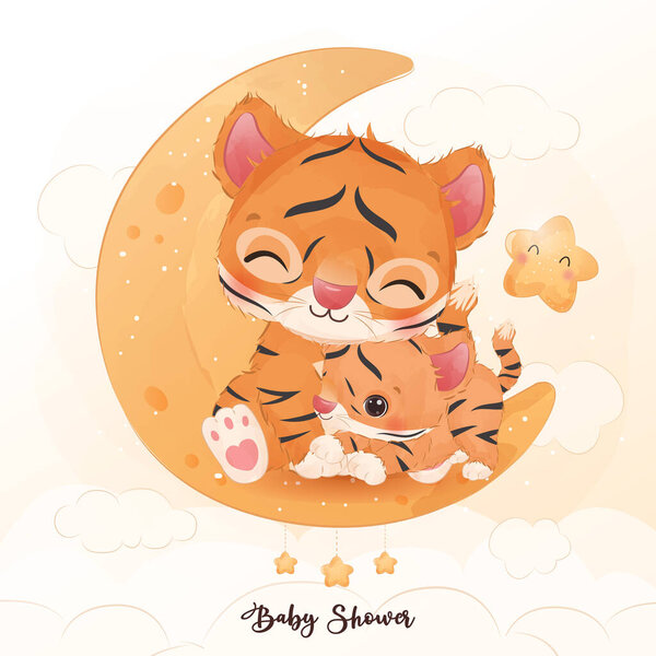 Cute mom and baby tiger in watercolor illustration — Stock Illustration Cute Mom Baby Tiger Watercolor Illustration — Stock Vector