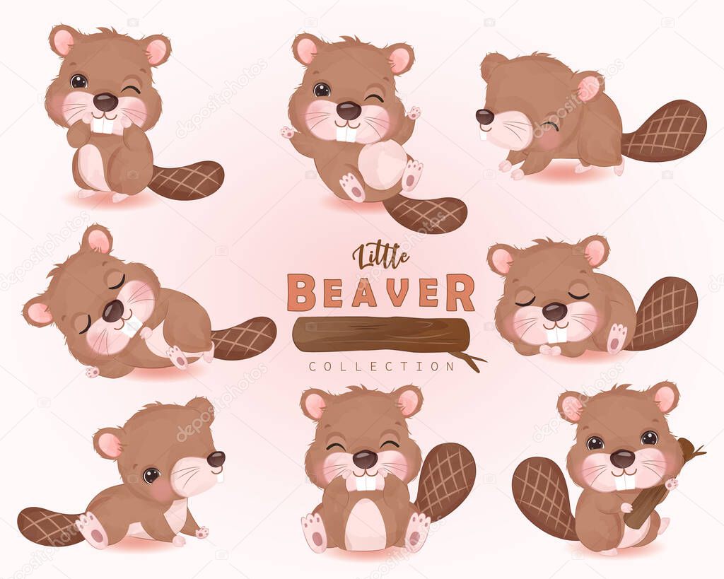 Cute little beaver clipart set in watercolor illustration