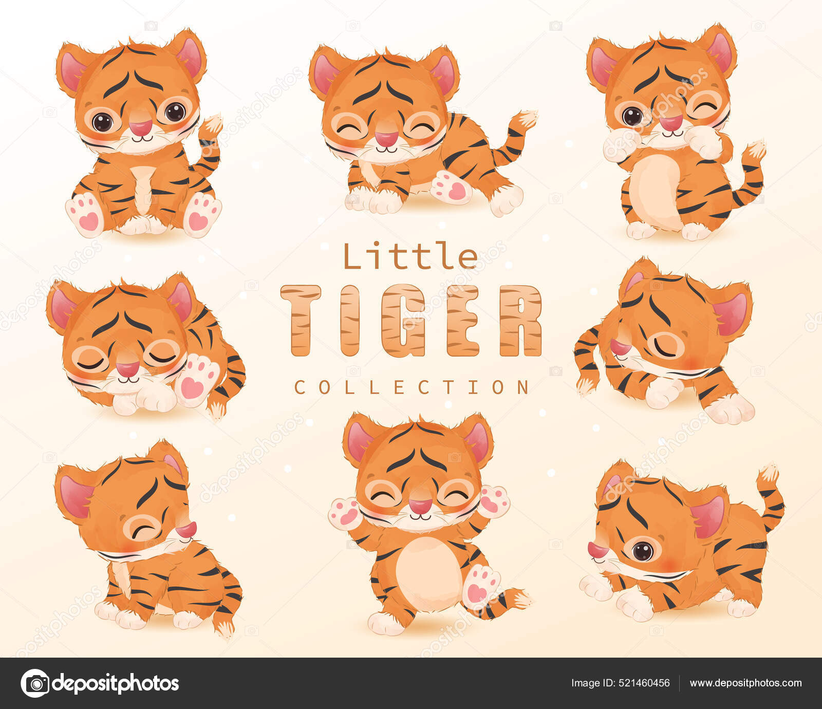Cute Little Tiger Clipart Set Watercolor Illustration Stock
