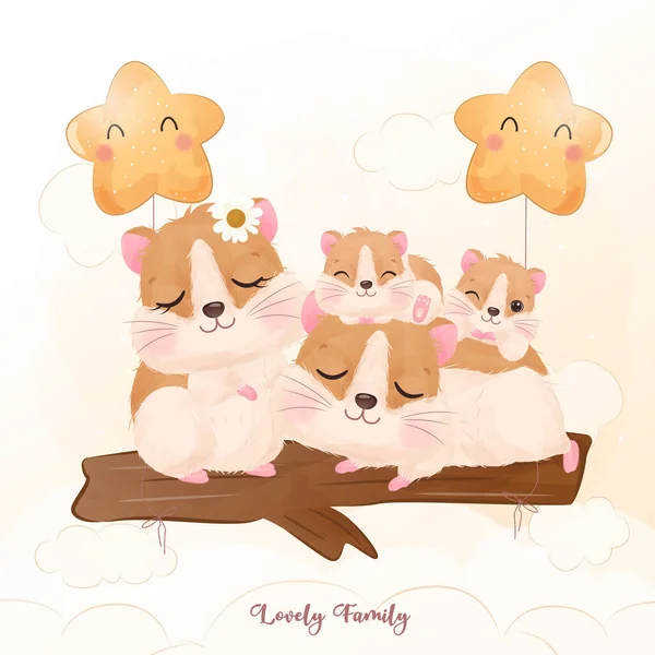 Adorable hamster family in watercolor illustration