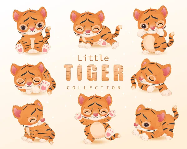 Roztomilý Malý Tygr Kliparty Nastavit Akvarelu Ilustrace — Stockový vektor