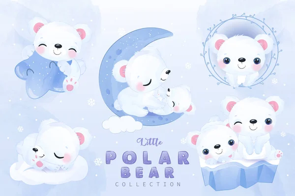 Cute Baby Niedźwiedzie Polarne Clipart Zestaw Akwareli — Wektor stockowy