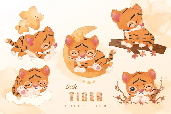 Cute Baby Tygrysy Clipart Zestaw Akwareli — Wektor stockowy