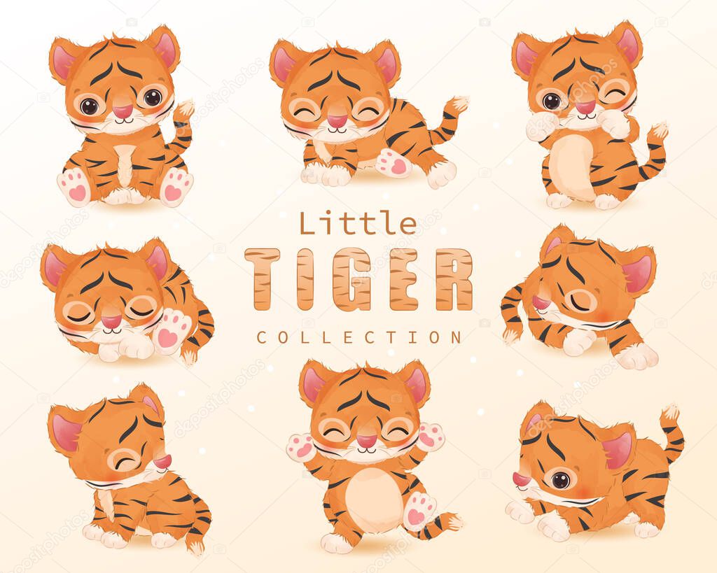 Cute little tiger clipart set in watercolor illustration
