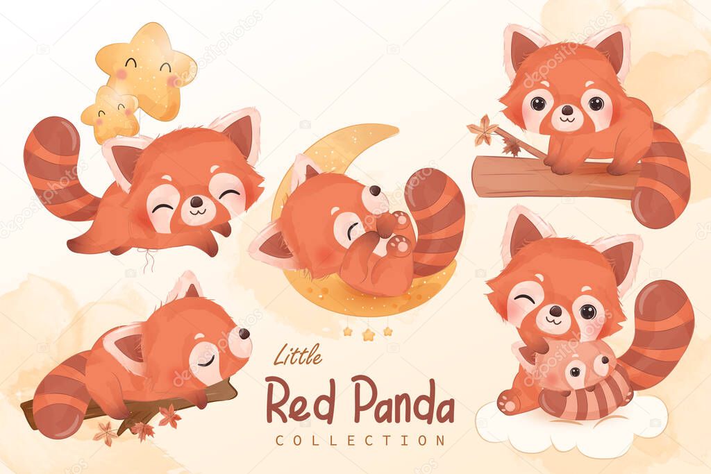 Cute baby red panda clipart set in watercolor