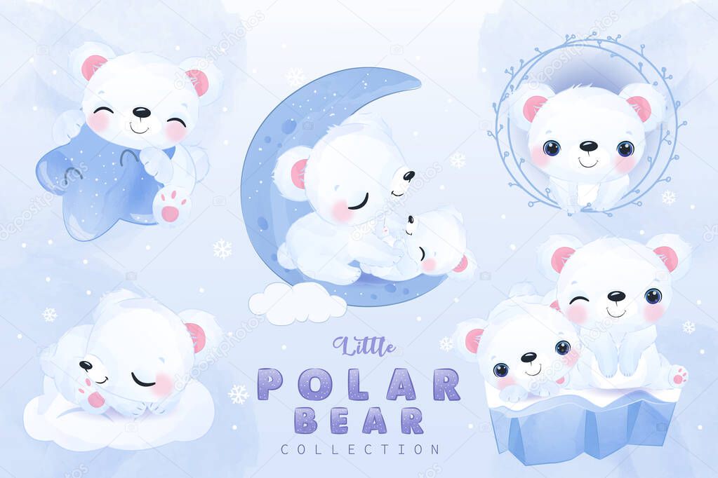 Cute baby polar bears clipart set in watercolor