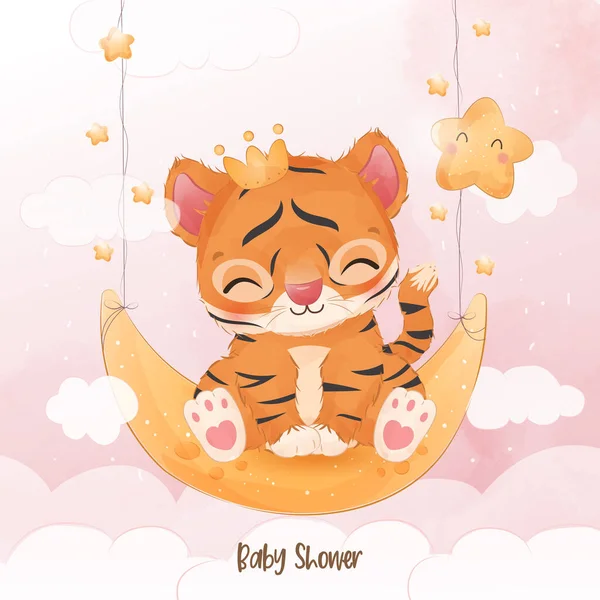 Cute Little Tygrys Akwareli Ilustracji — Wektor stockowy