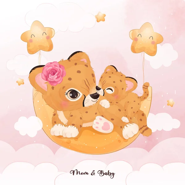 Cute mom and baby cheetah in watercolor illustration