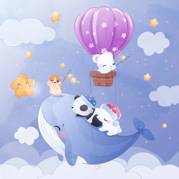 Cute Cartoon Sleeping Animals Flying Starry Night Sky — Wektor stockowy