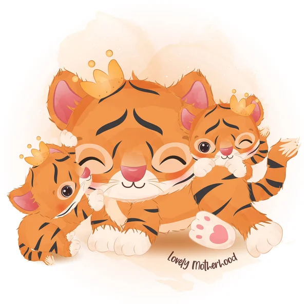 Słodkie Mama Dziecko Tygrys Akwarela Ilustracja — Wektor stockowy