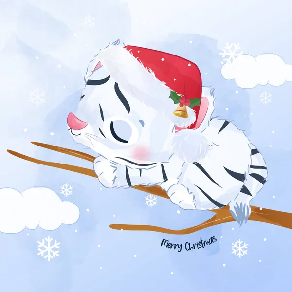 Cute Tygrys Akwareli Ilustracji Zimę Boże Narodzenie Dekoracji — Wektor stockowy
