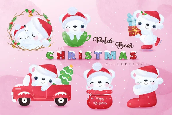 Cute Niedźwiedź Polarny Clipart Zestaw Akwarela Ilustracja Zimę Boże Narodzenie — Wektor stockowy