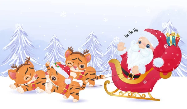 Милый Тигр Санта Клаус Акварели Иллюстрации Рождественского Украшения — стоковый вектор