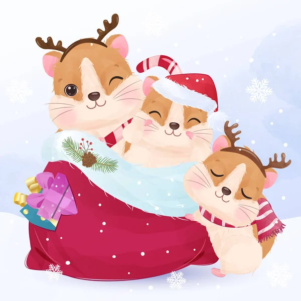 Leuke Kleine Hamsters Aquarel Illustratie Voor Kerst Decoratie — Stockvector