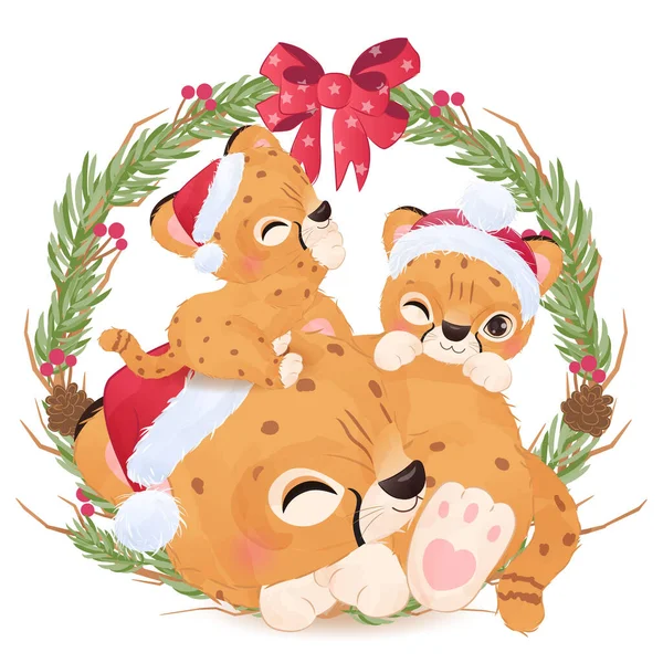 Bonito Chita Mãe Bebês Aquarela Ilustração Para Decoração Natal —  Vetores de Stock