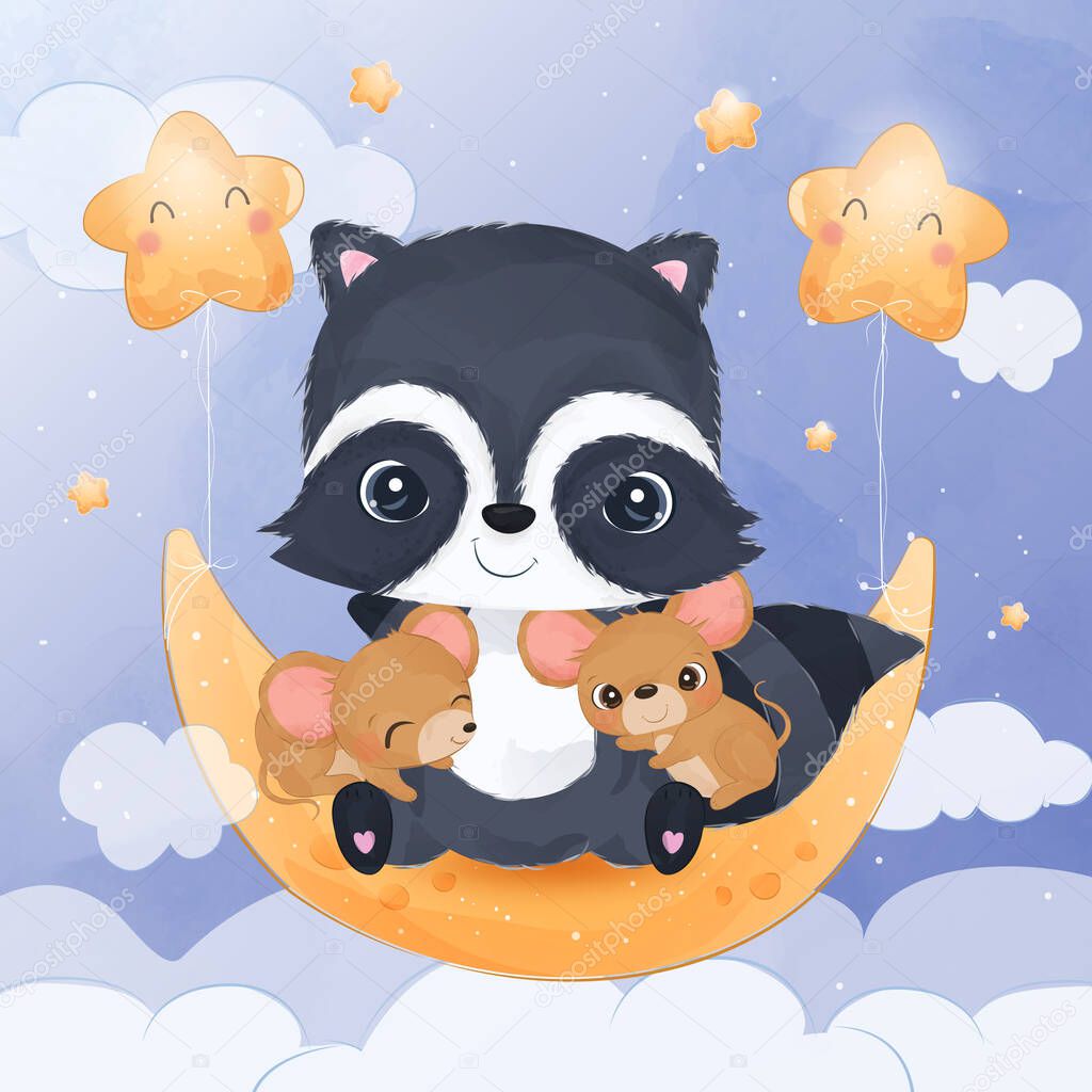 Cute raccoon and little mice