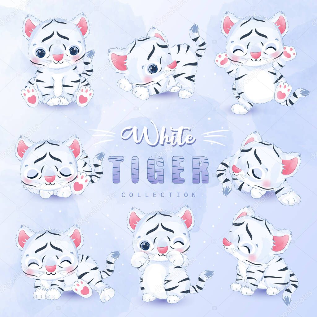 Cute baby tigers clipart set in watercolor