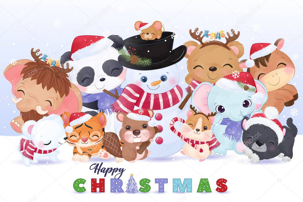 Cute animals and snowman in watercolor illustration for christmas decoration