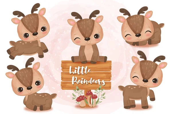 Adorable little reindeer clipart set in watercolor illustration
