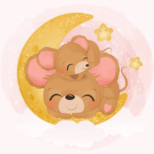 Cute mom and baby mice in watercolor illustration