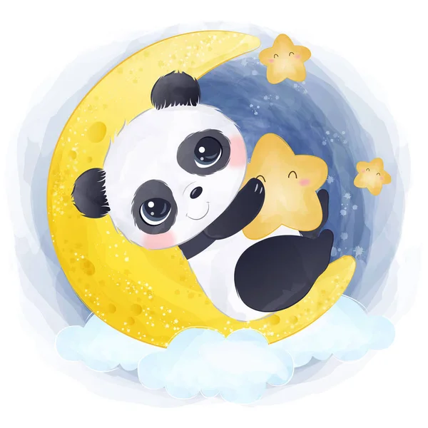 Adorável Pequeno Panda Aquarela Ilustração — Vetor de Stock