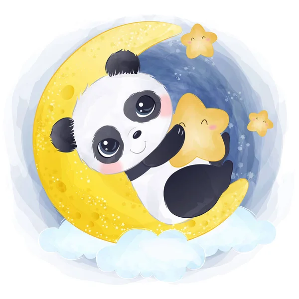 Adorable little panda in watercolor illustration