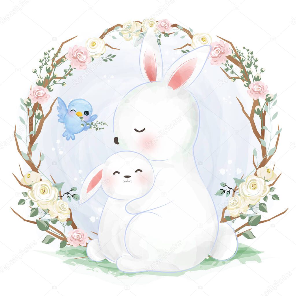 Cute mom and baby bunny in watercolor illustration