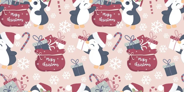 Roztomilý Tučňák Bezešvé Vzor Pro Vánoční Dekorace — Stockový vektor