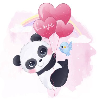 Sevgililer Günü süslemesi için şirin bebek panda çizimi
