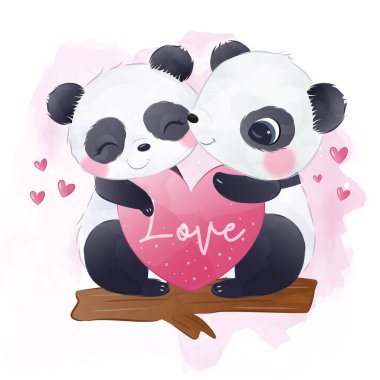 Sevgililer Günü süslemeleri için sevimli panda çizimleri