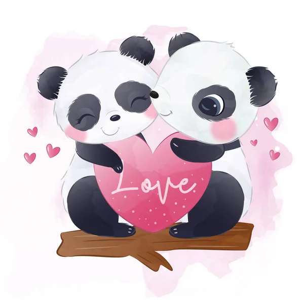 Aranyos Panda Pár Illusztrációk Valentin Dekoráció — Stock Vector