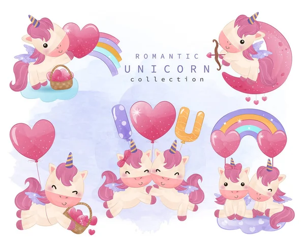Adorables Unicornios Románticos Para Decoración San Valentín — Vector de stock
