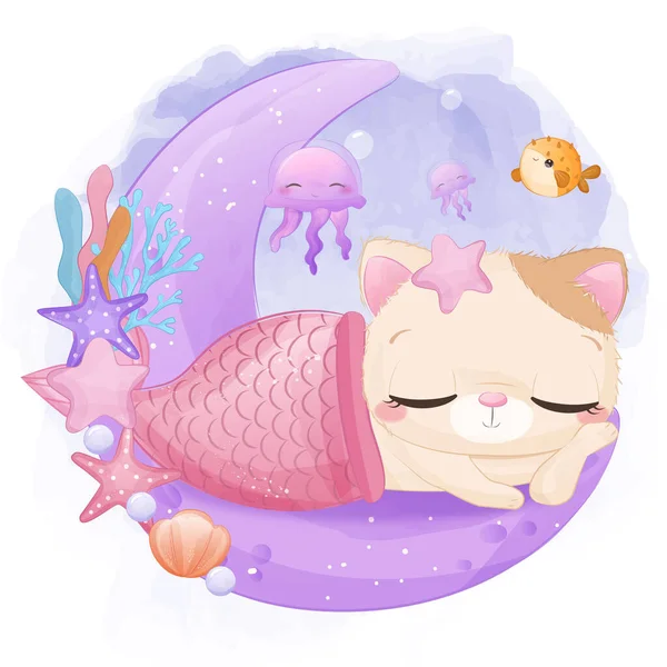Carino Gatto Sirena Acquerello Illustrazione — Vettoriale Stock