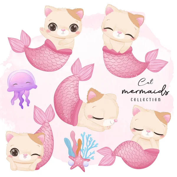 Cute Cat Mermaid Watercolor Illustration — Stock Vector